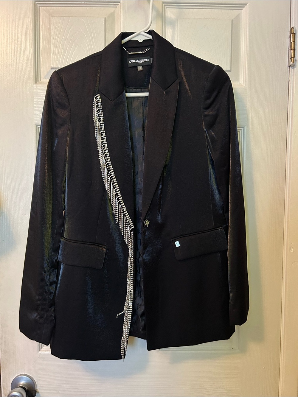 Karl Lagerfeld Black Satin Blazer with Crystal Drape